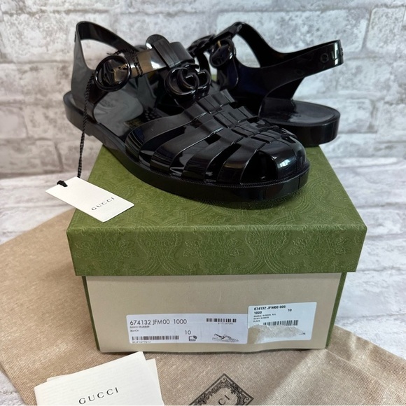 GUCCI black rubber cage sandals men’s US‎ 11 674132 JFM00 NWT box dust cover